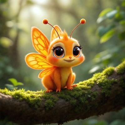 The primary subject of the image is a small, cute, and colorful butterfly-like creature sitting on a tree branch. The setting is a forest, with the background featuring trees and greenery. The visual style is a combination of digital art and illustration, creating a whimsical and playful atmosphere. The colors are predominantly green and orange, with the butterfly creature being predominantly orange.